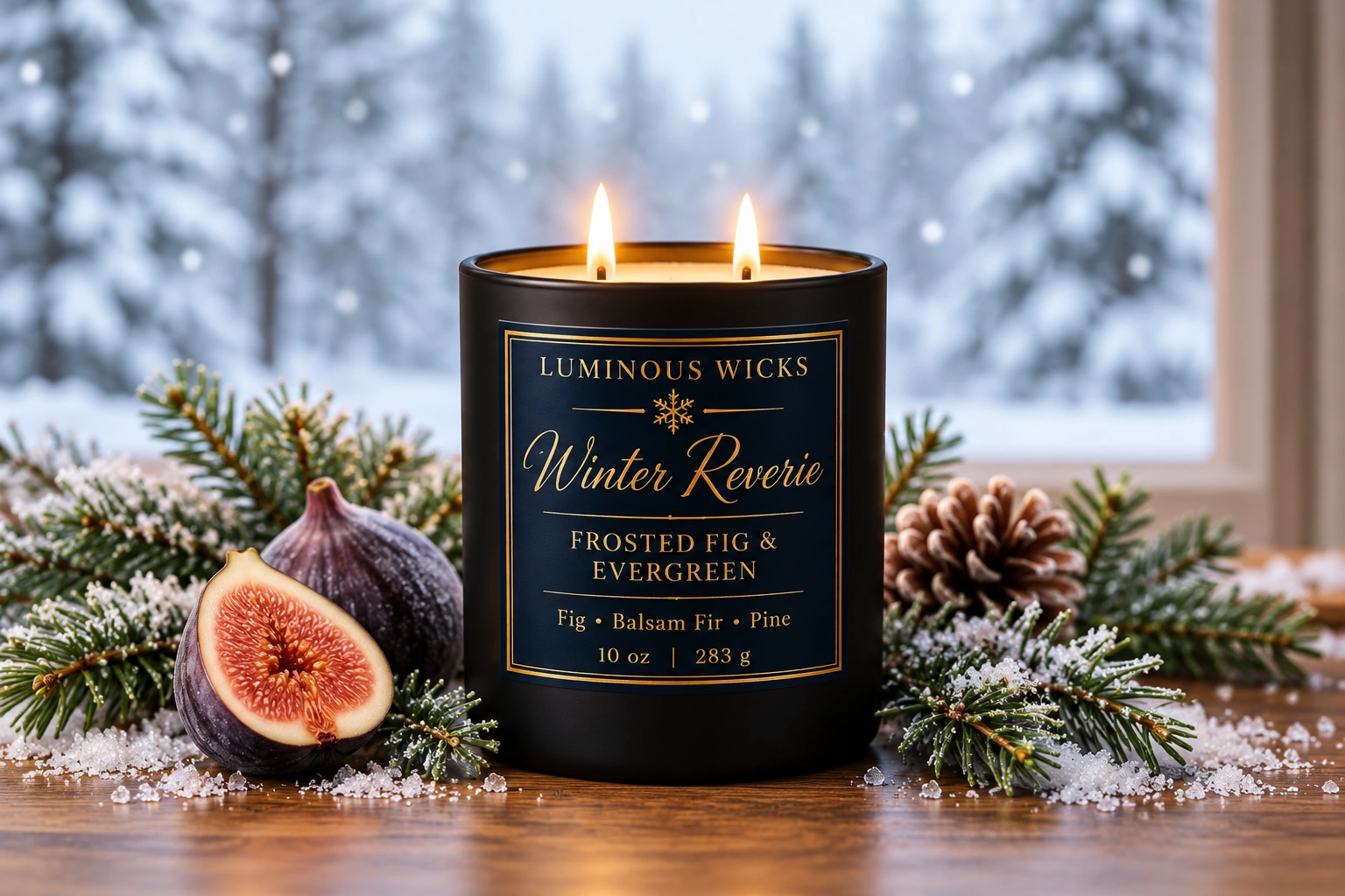 Frosted Fig & Evergreen Winter Reverie winter candle in a black matte jar with a deep blue and gold snowflake label and two lit wicks