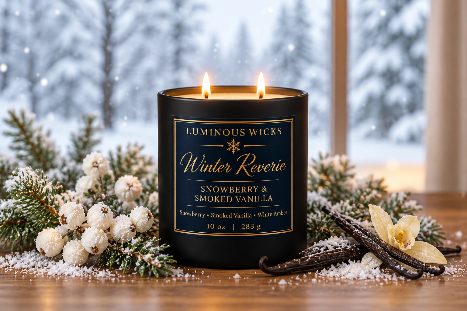 Snowberry & Smoked Vanilla Winter Reverie winter candle in a black matte jar with a deep blue and gold snowflake label and two lit wicks