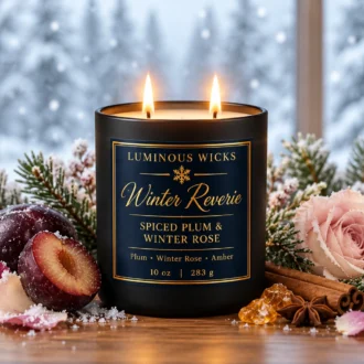 Spiced Plum & Winter Rose Winter Reverie winter candle in a black matte jar with a deep blue and gold snowflake label and two lit wicks