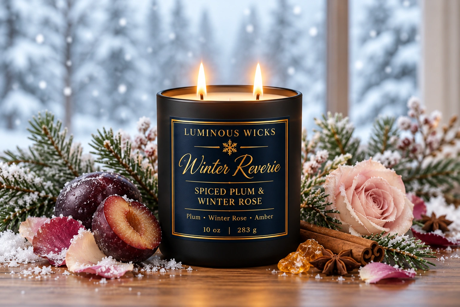 Spiced Plum & Winter Rose Winter Reverie winter candle in a black matte jar with a deep blue and gold snowflake label and two lit wicks