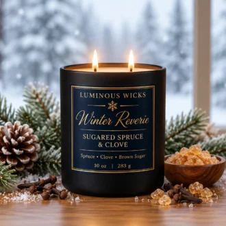Sugared Spruce & Clove Winter Reverie winter candle in a black matte jar with a deep blue and gold snowflake label and two lit wicks