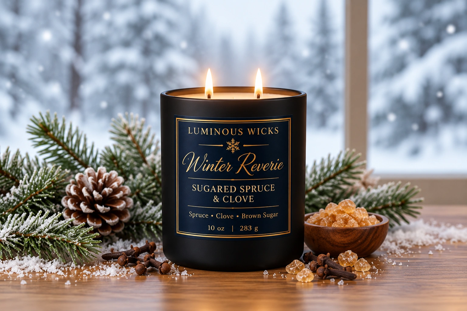 Sugared Spruce & Clove Winter Reverie winter candle in a black matte jar with a deep blue and gold snowflake label and two lit wicks
