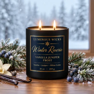 Vanilla Juniper Frost Winter Reverie winter candle in a black matte jar with a deep blue and gold snowflake label and two lit wicks