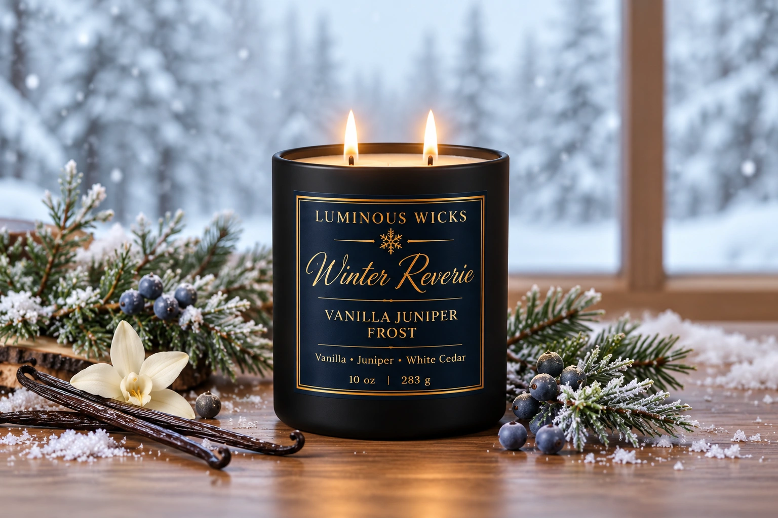 Vanilla Juniper Frost Winter Reverie winter candle in a black matte jar with a deep blue and gold snowflake label and two lit wicks