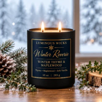 Winter Thyme & Maplewood Winter Reverie winter candle in a black matte jar with a deep blue and gold snowflake label and two lit wicks