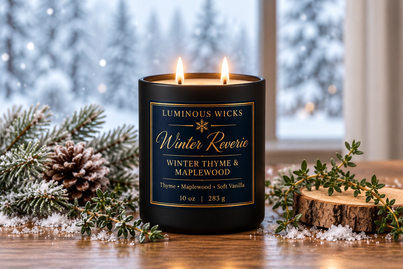 Winter Thyme & Maplewood Winter Reverie winter candle in a black matte jar with a deep blue and gold snowflake label and two lit wicks